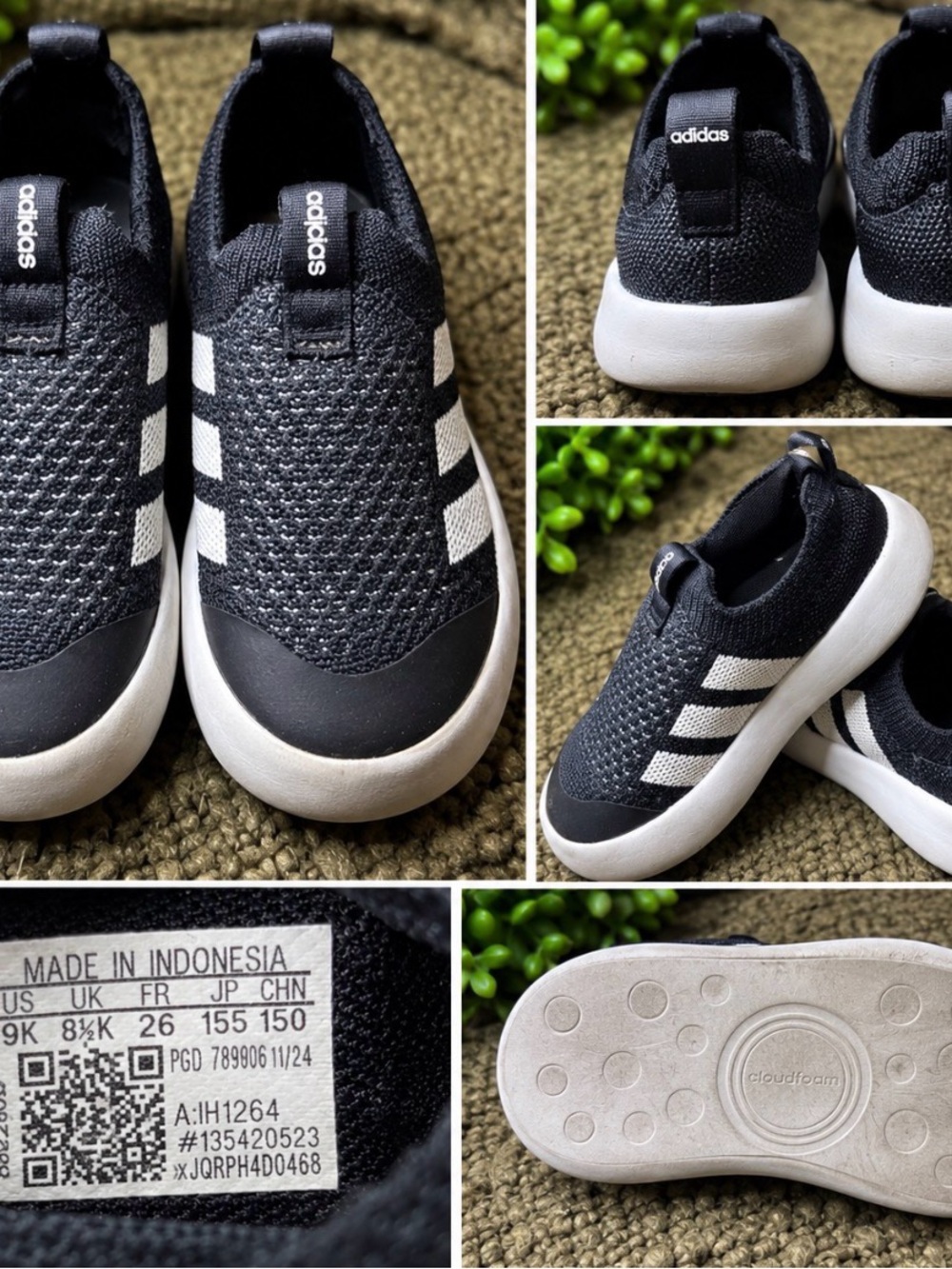 adidas Kids Black & White Slip-On Cloudfoam Sneakers